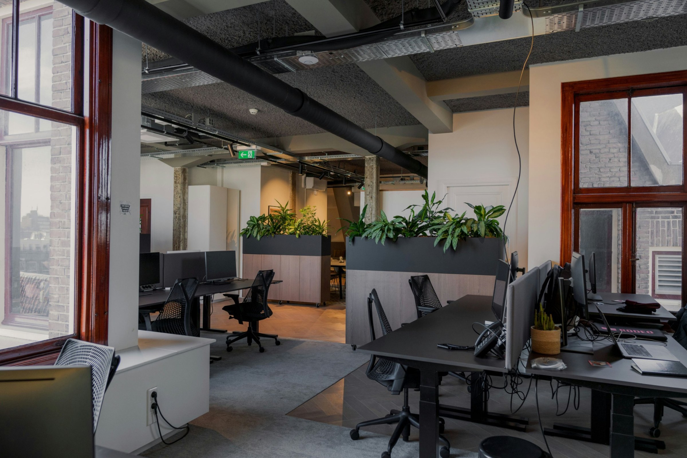 Modern open-plan office with desks, black chairs and planters