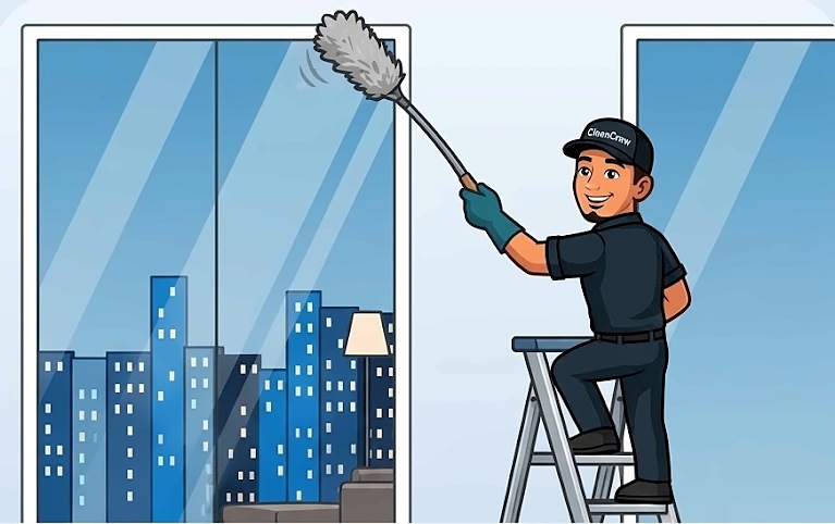Cleaning crew member in a condo with a city skyline view