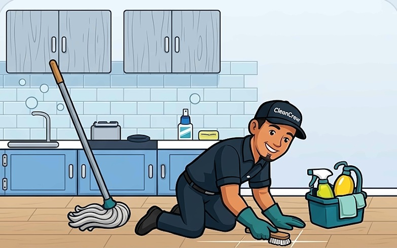 Cleaning crew member in a bright kitchen