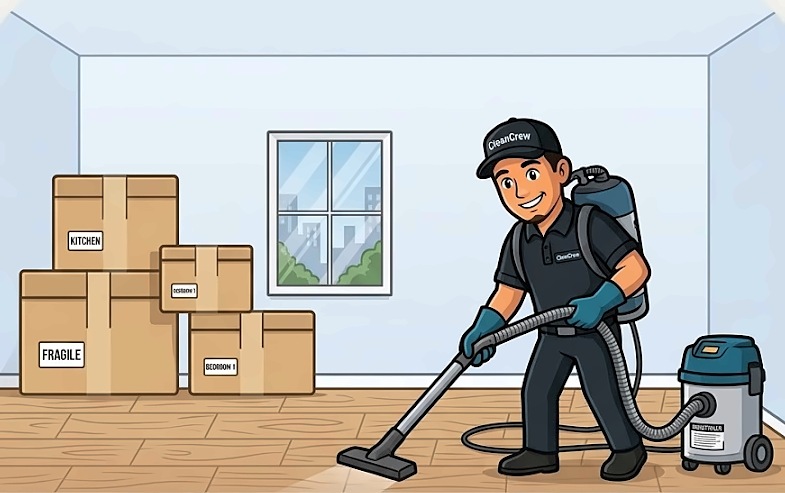 Cleaning crew member beside moving boxes in an empty room