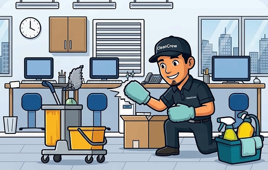 Cleaning crew member in an office with desks and monitors