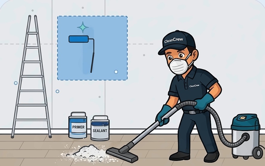 Cleaning crew member on a renovation site with a ladder and paint cans