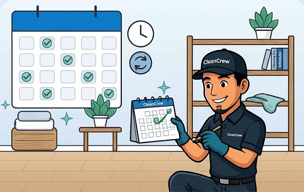 Cleaning crew member in a home with a cleaning calendar